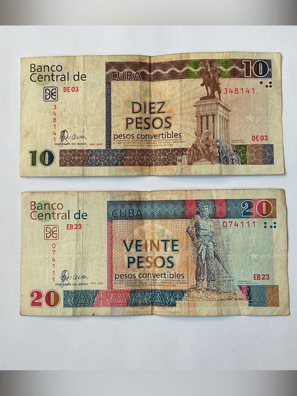 Two Pieces of Paper Currency from Cuba dated 2006 and 2008